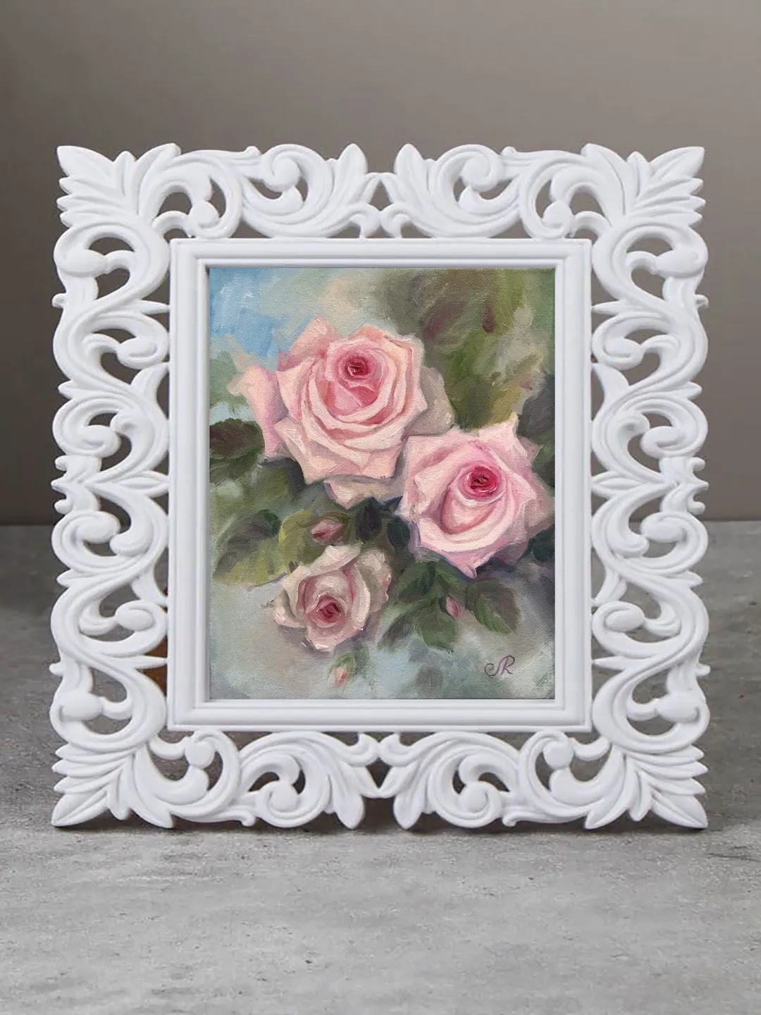 Roses oil painting / Pink flowers on blue art