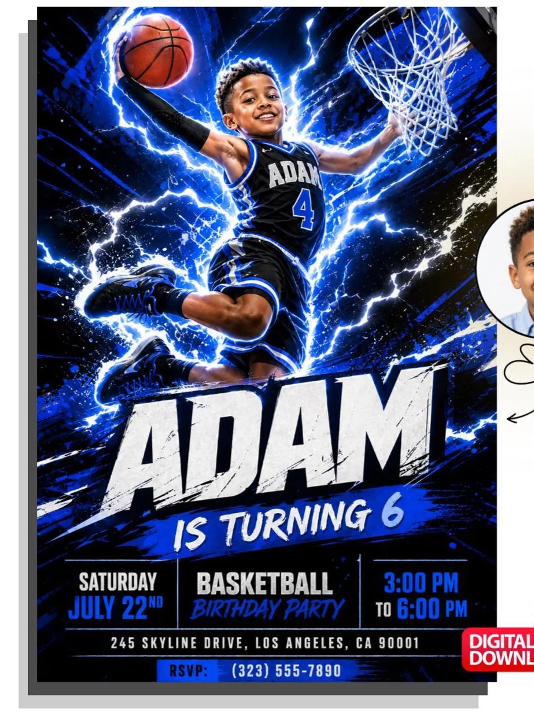 Custom Photo Basketball Birthday Invitation, Slam Dunk Party Invite (Digital Download)