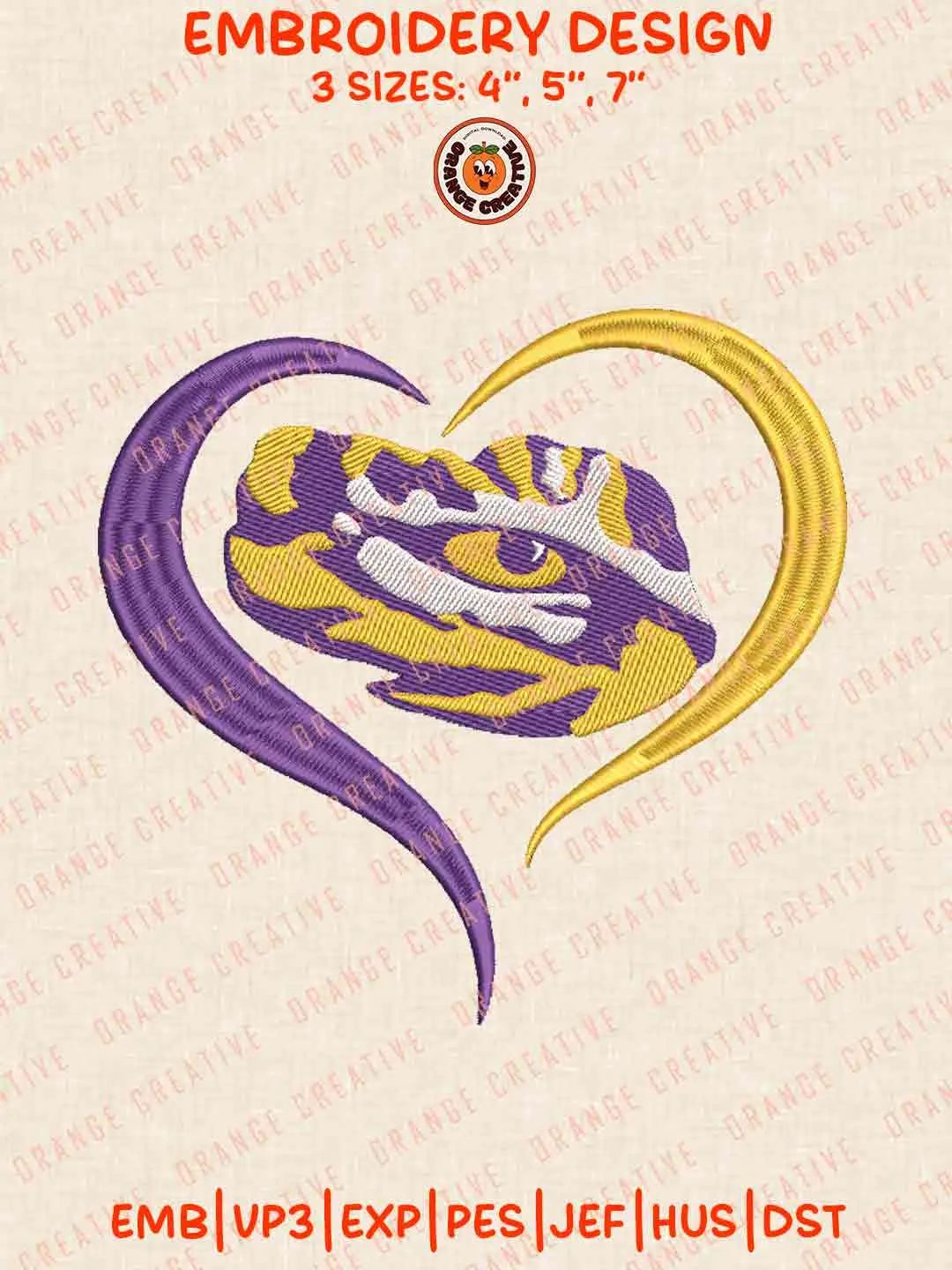 LSU Tiger Heart Embroidery Files, Football Embroidery Designs, College Sport Machine Embroidery Files, 3 Sizes, Custom Sizes, Instant Download