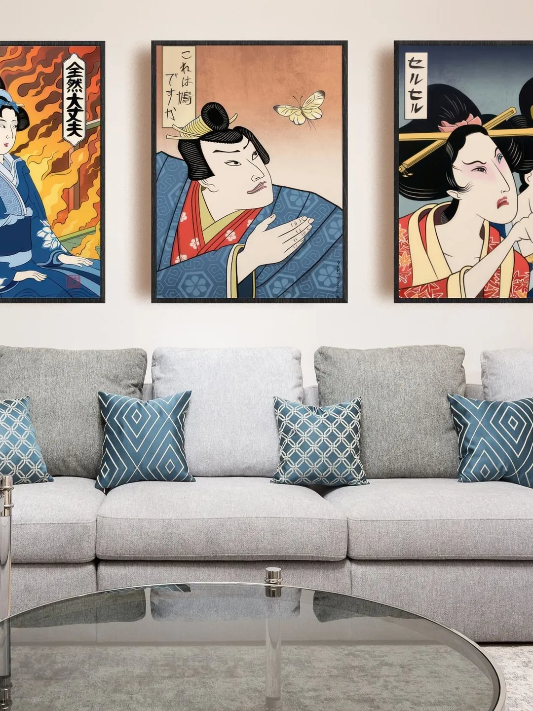 Geysha Samurai Wall Art Japanese Print Art Set of 3 Graceful