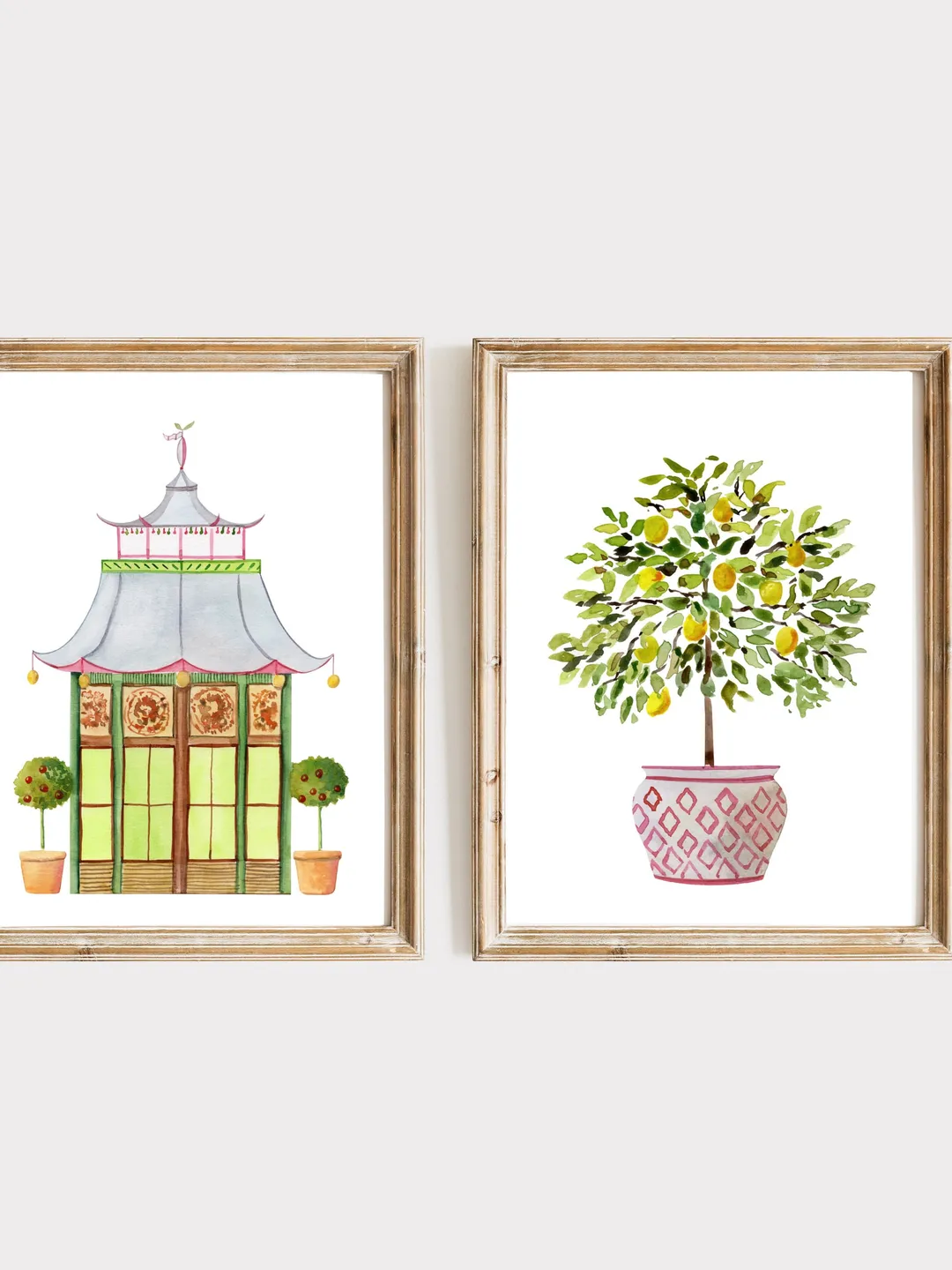 Pagoda Set Of 2 Prints Watercolor Painting Lemon Tree Art Print Chinoiserie Wall Art Asian Print Chinese Pagoda Art Gift For Home Tree Art