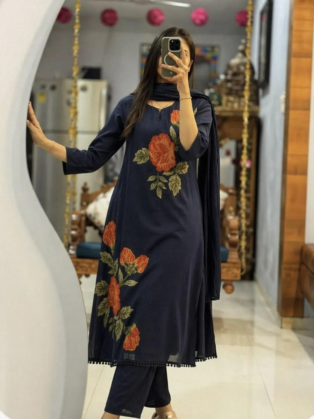 Jaipur Cotton Embroidered Kurta Set for Women with Dupatta, Rose Embroidery Ethnic Suit Set, Straight Fit Cotton Kurti Pant Set