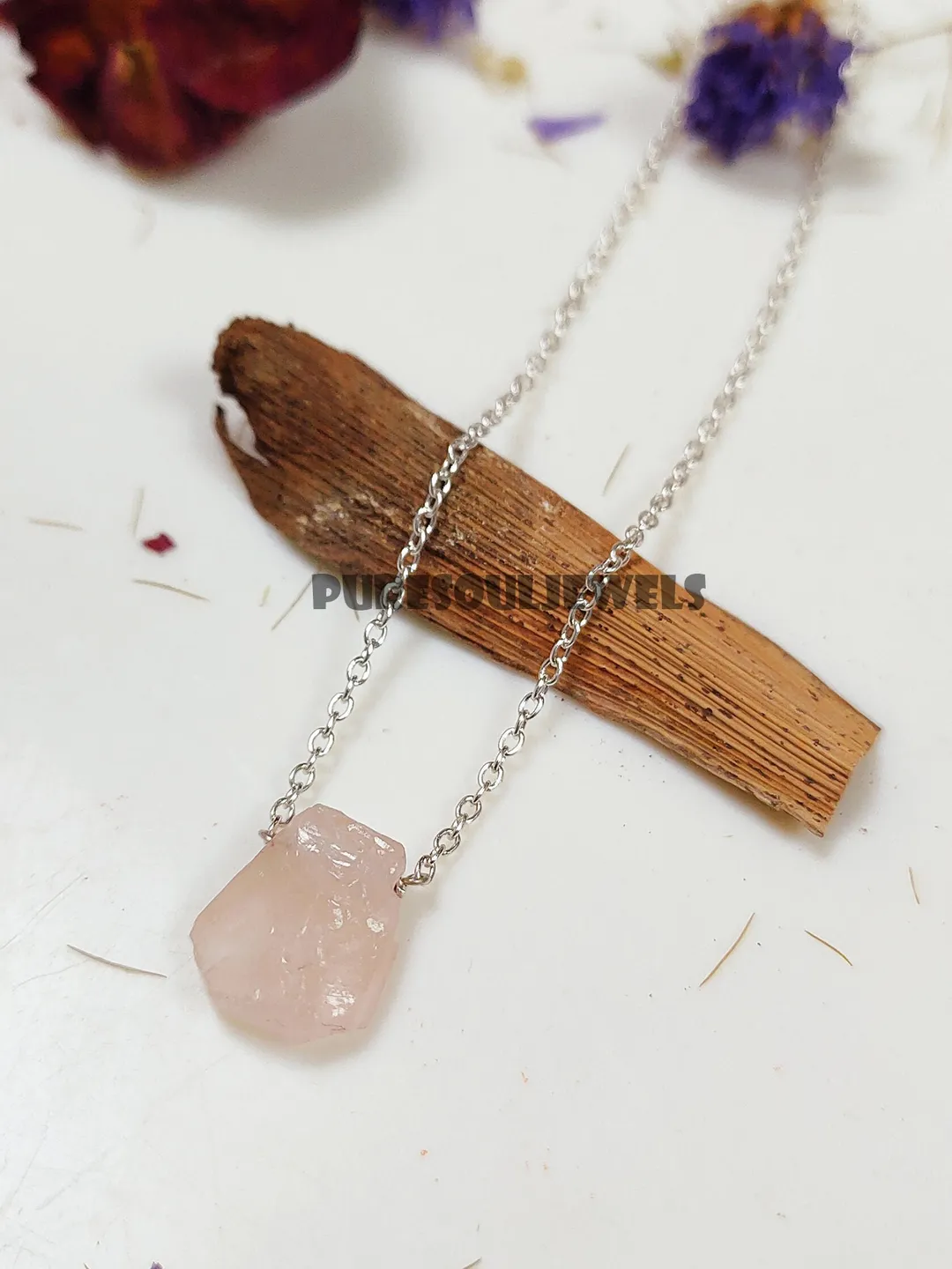 Raw Rose Quartz 925 Sterling Silver Necklace: Boho Pink Crystal