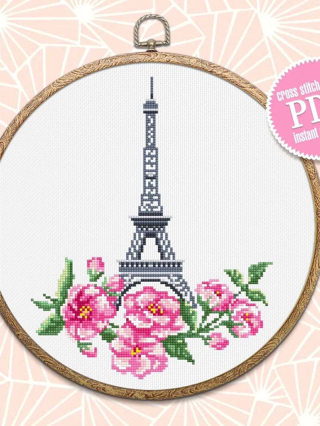 Eiffel Tower cross stitch pattern PDF download Sakura flowers cross stitch Spring beginner stitch Modern France embroidery Paris decor #E3