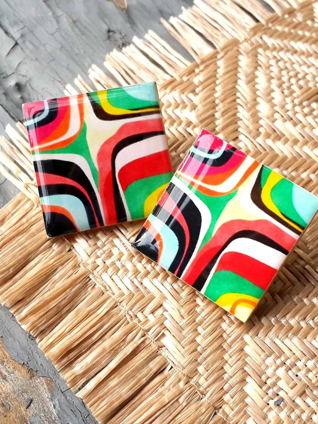 Bright Square Colorful Wooden Earrings Striped Summer Studs