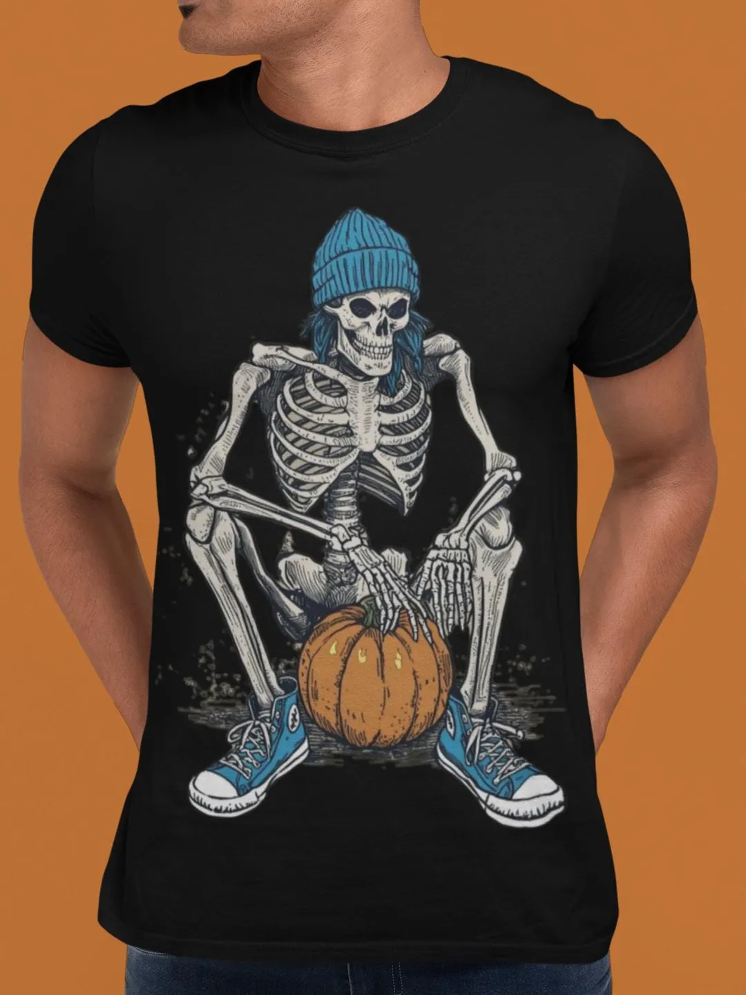 Skeleton on Pumpkin T-Shirt, Spooky Fall Halloween Tee