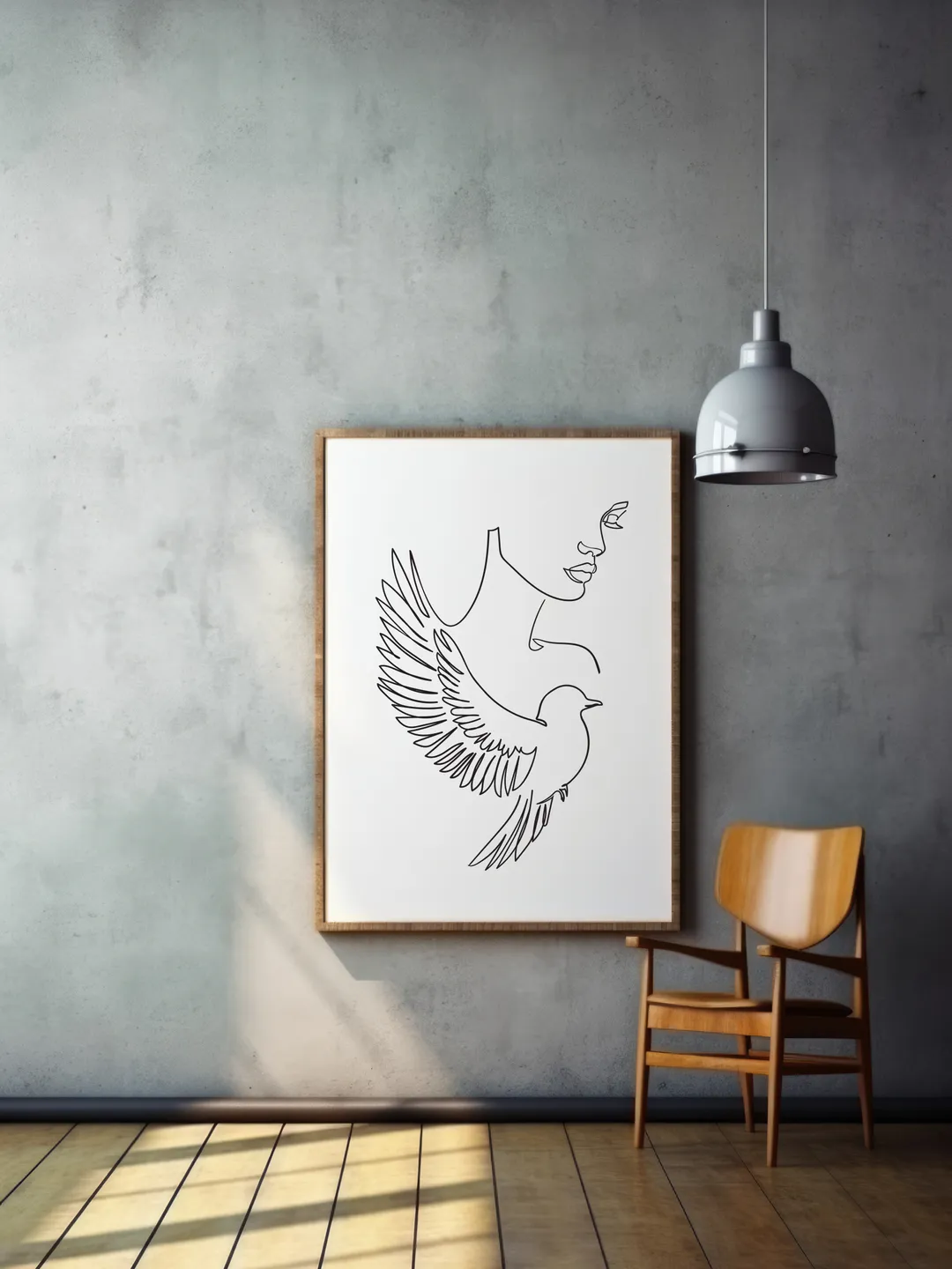 Woman with bird. Portrait minimalistic style.