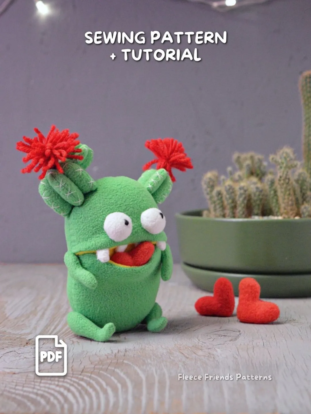Cactus Monster Plush Sewing Pattern with Secret Mouth Pocket and Heart PDF Tutorial