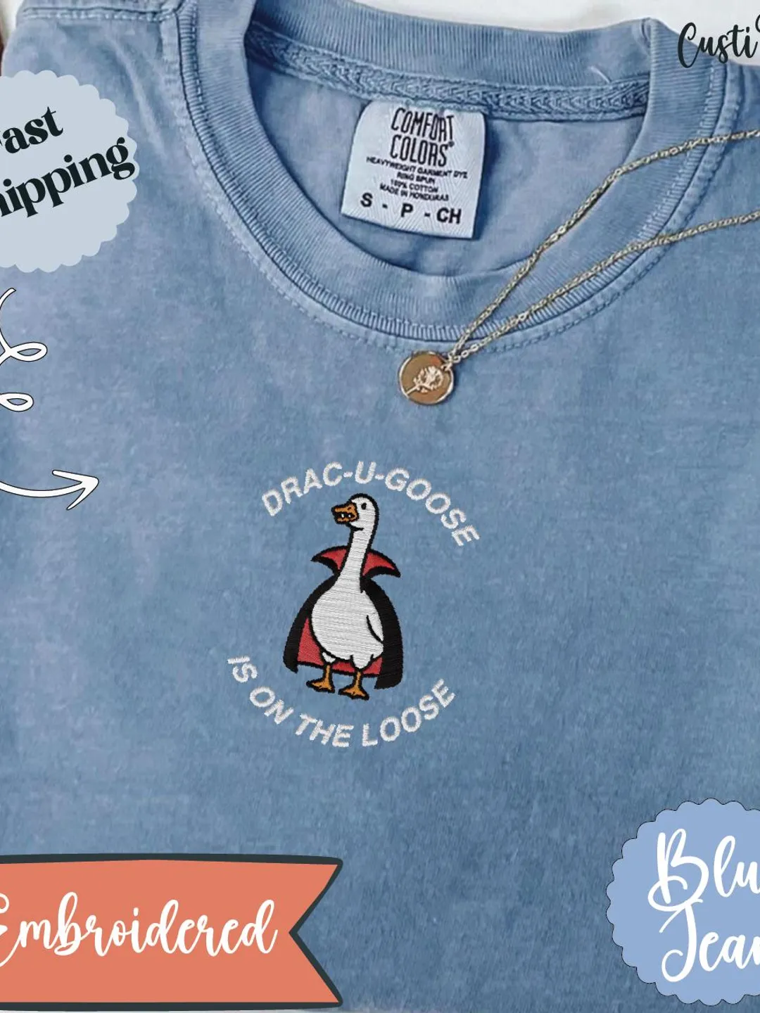 Embroidered Vampire Goose Tee: Spooky Halloween Comfort Colors Shirt