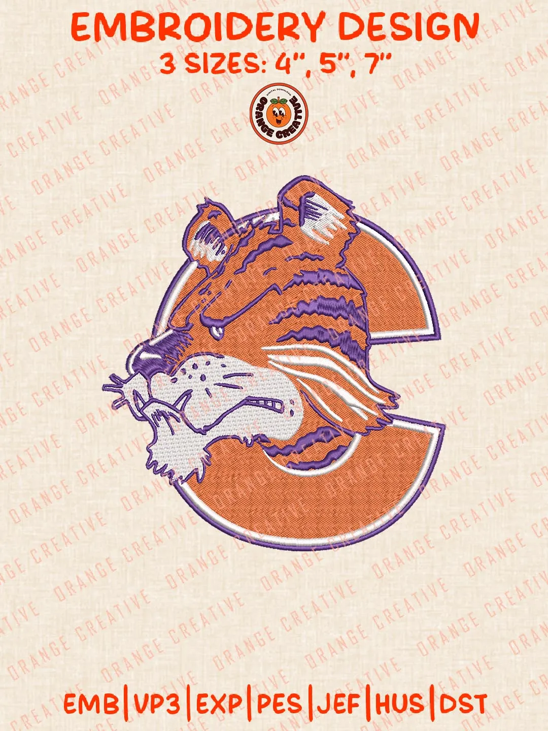 NCAA Clemson Tigers Mascot Embroidery Design, NCAA Team Logo Embroidery Design, Machine Embroidery Design File, 4 Sizes, Custom Size, Digital Download