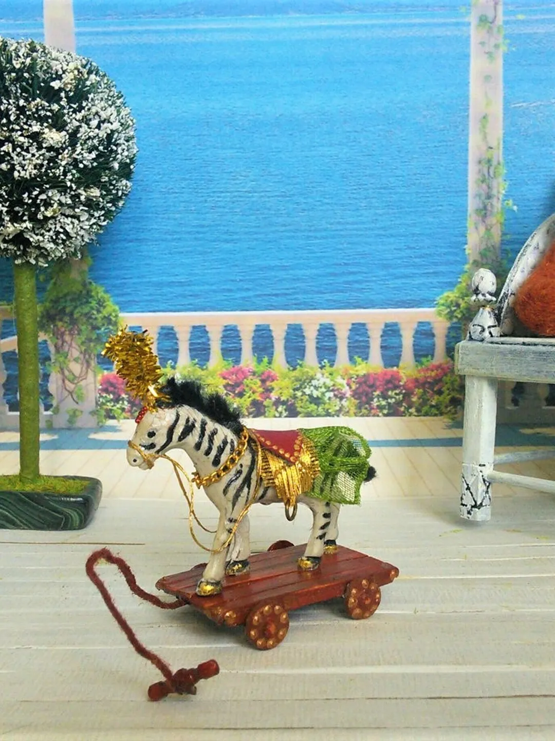 Zebra on Wheels.Toy for a doll. Dollhouse miniature.1:12 scale.