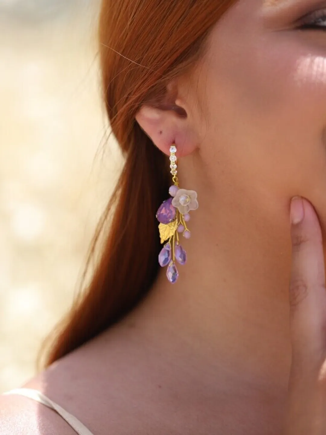 Gold Purple Opal Boho Wedding Earrings, Swarovski Crystal Leaf Bridal Earrings, Floral Statement Wedding Jewelry, Flower Boho Bridal Earring