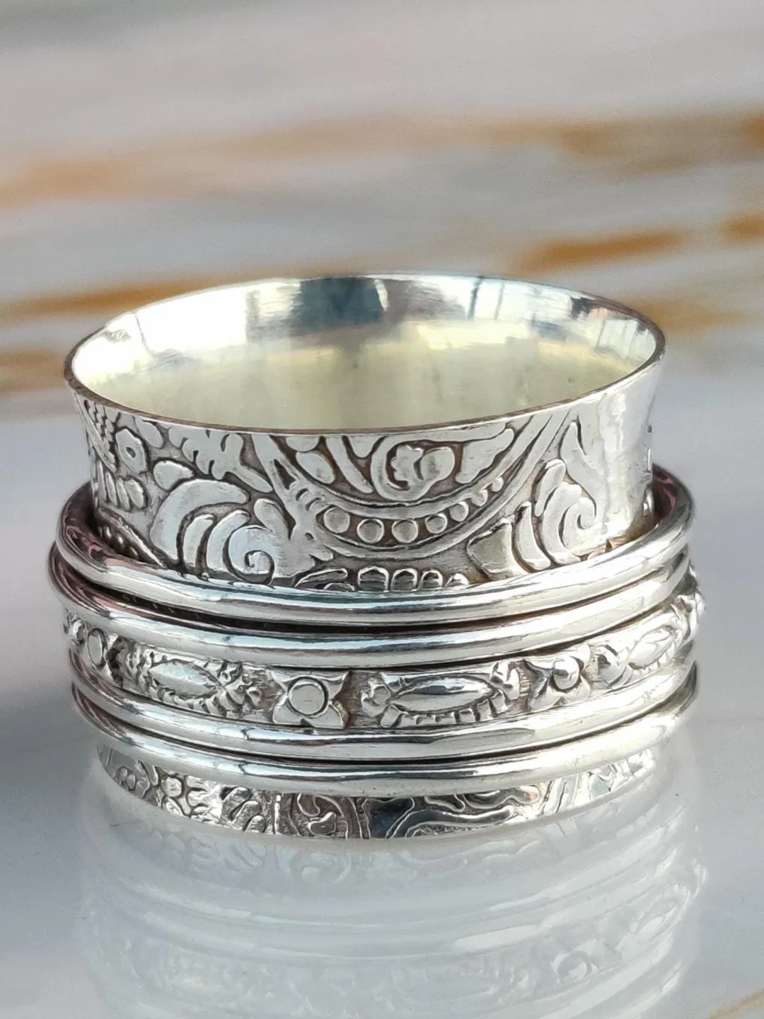 Sterling Silver Spinner Ring: Floral Meditation Anxiety Fidget Ring