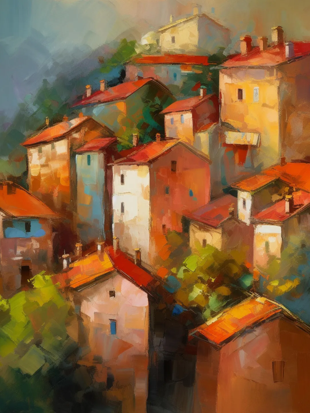 20 Colorful Mediterranean Village Art, Painterly Houses Landscape, Warm ...