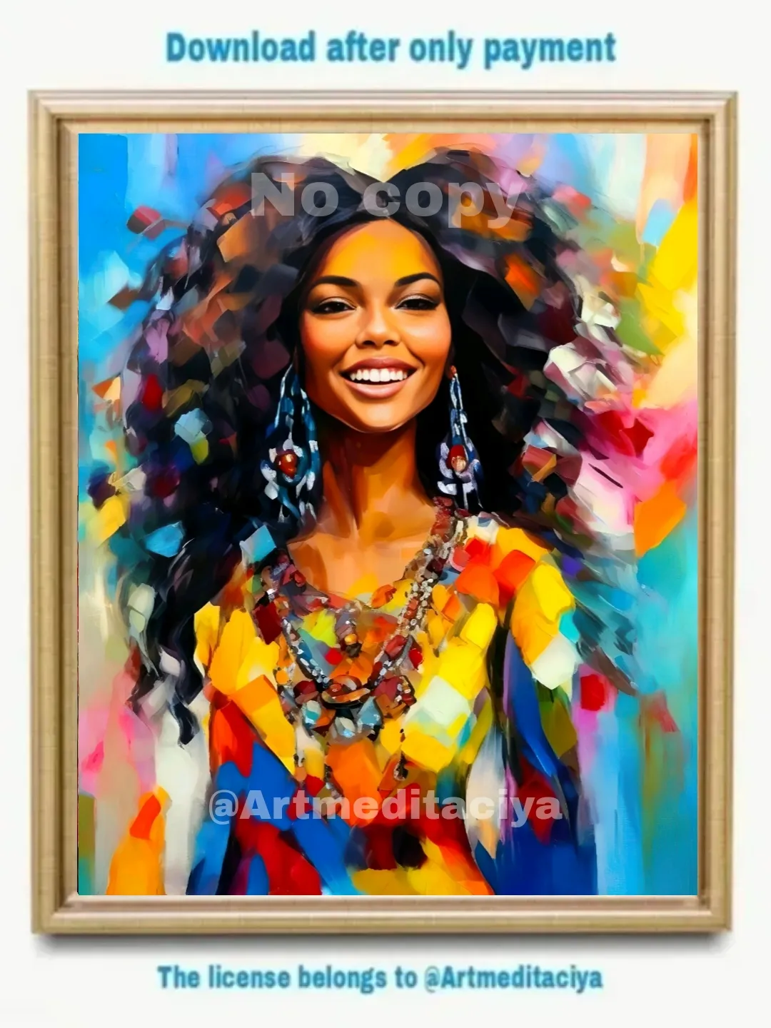 Digital abstract texture painting "Mulatto" on an abstract multicolored background. This is a vivid image of a smiling beauty in a yellow-white-blue-orange outfit with ethnic jewelry and luxurious wavy curls in the style of oil painting with a palette kni