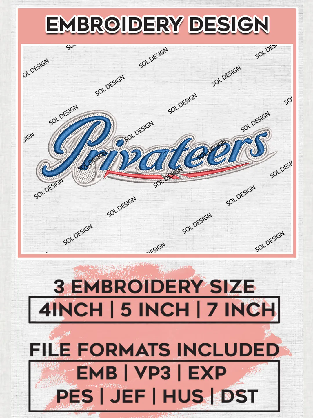 NCAA Privateers College Football Team Word Logo Embroidery Design Files, NCAA New Orleans Privateers Machine Embroidery, NCAA Teams, 3 sizes, NCAA Machine embroidery designs, Digital Download