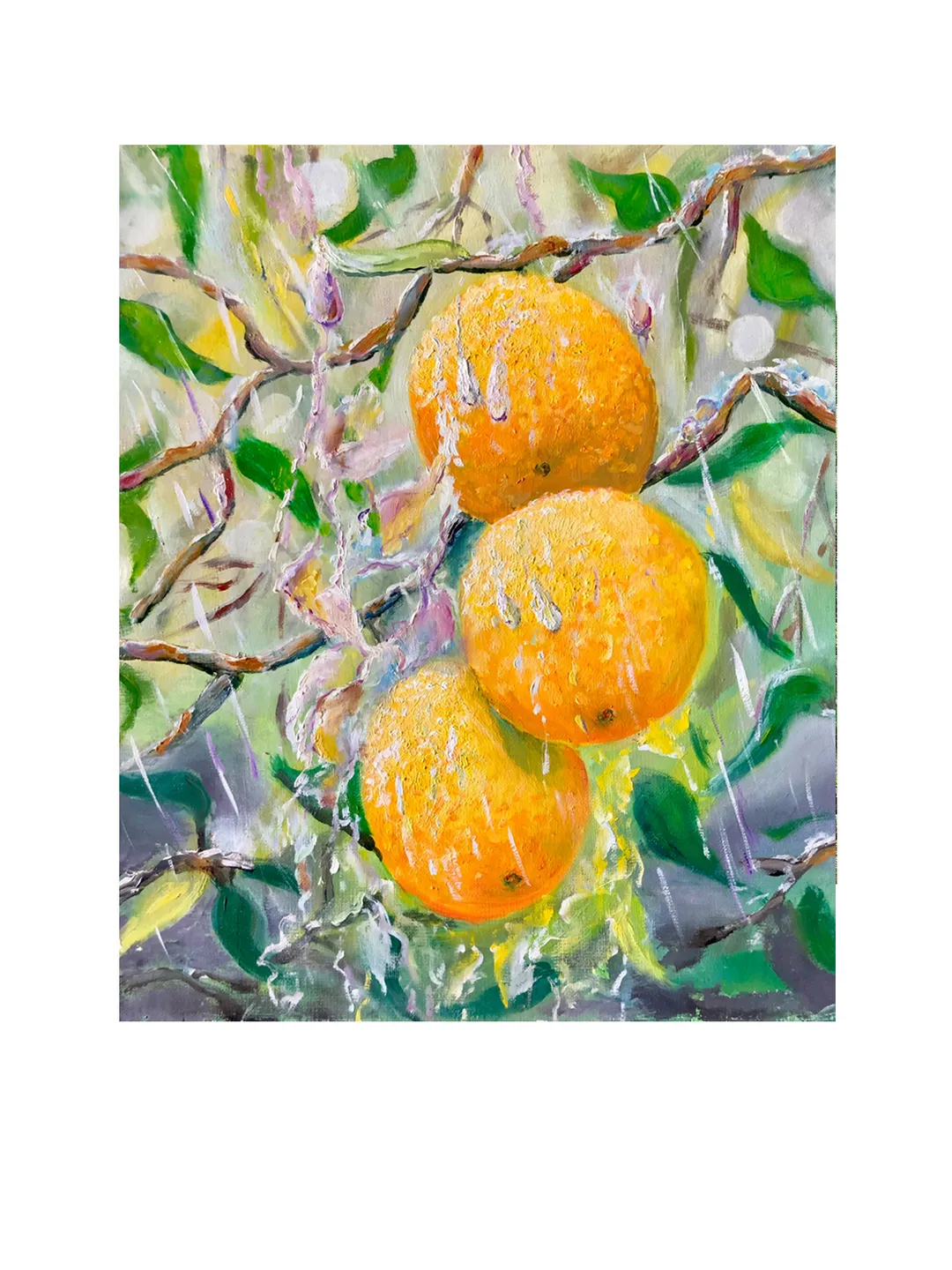 Orange Painting, Fruit Tree Oil Painting on Canvas, Oranges on a Branch Wall Art