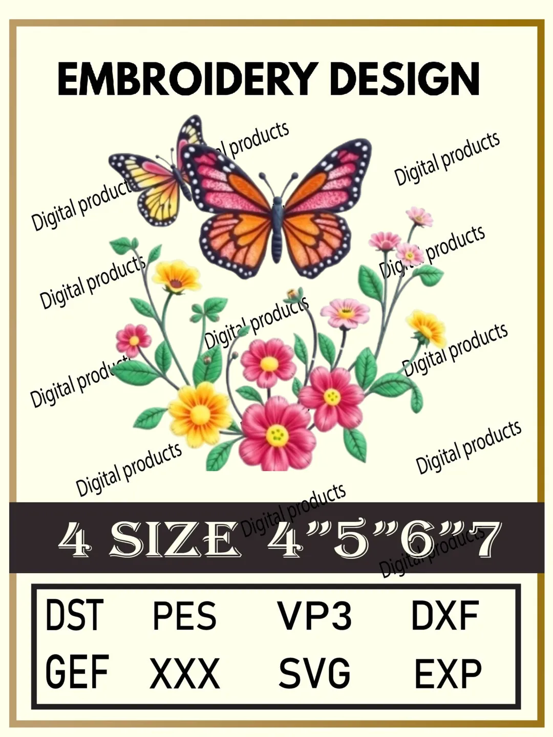 Butterfly and Floral Embroidery Design Digital Pattern with Colorful Blossoms and Detailed Wings for Machine Embroidery Projects in Four Sizes with Multiple Compatible Formats Including DST, PES, VP3, DXF, GEF, XXX, SVG, EXP Download
