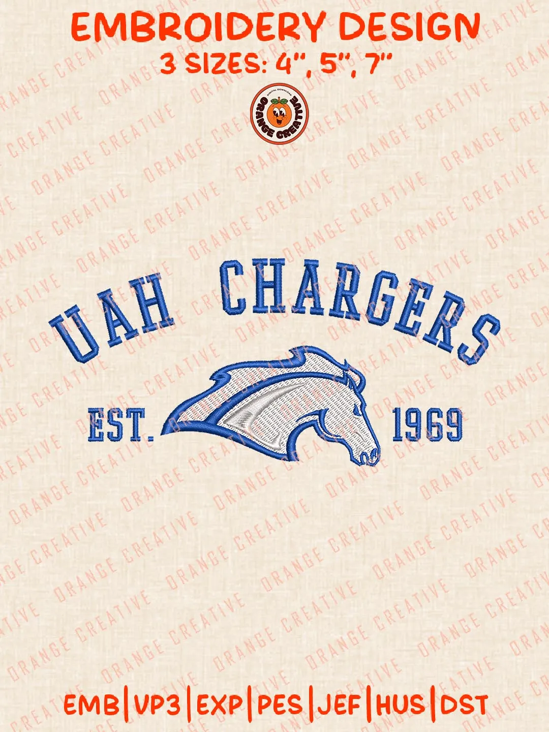 UAH Chargers Est 1969 Embroidery Design, NCAA Alabama Huntsville Chargers Team Logo Embroidery Design, Machine Embroidery Design File, 4 Sizes, Custom Size, Digital Download