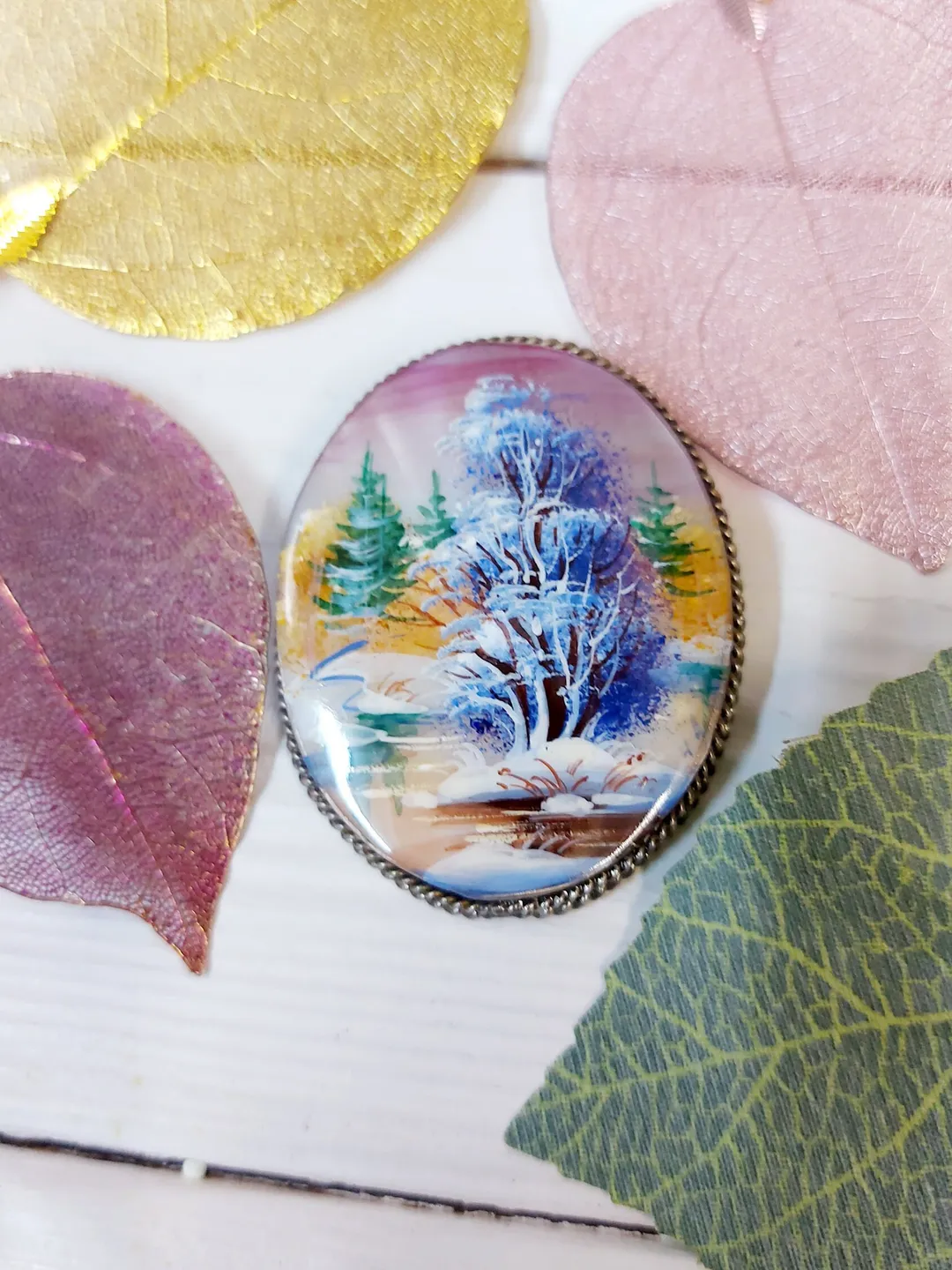 Brooches for women: Lonely solitary tree near snowy river on pearl brooch • aesthetic handmade jewelry • winter cute accessory for girl