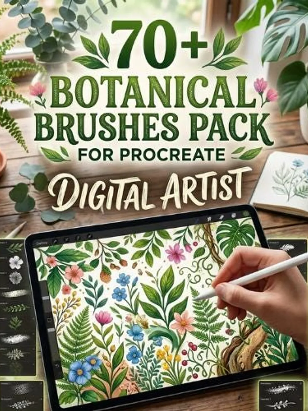 70+ Botanical Procreate Brushes | Floral Leaf Stamps | Nature Drawing Brushes | Botanical Digital Art Set for iPad