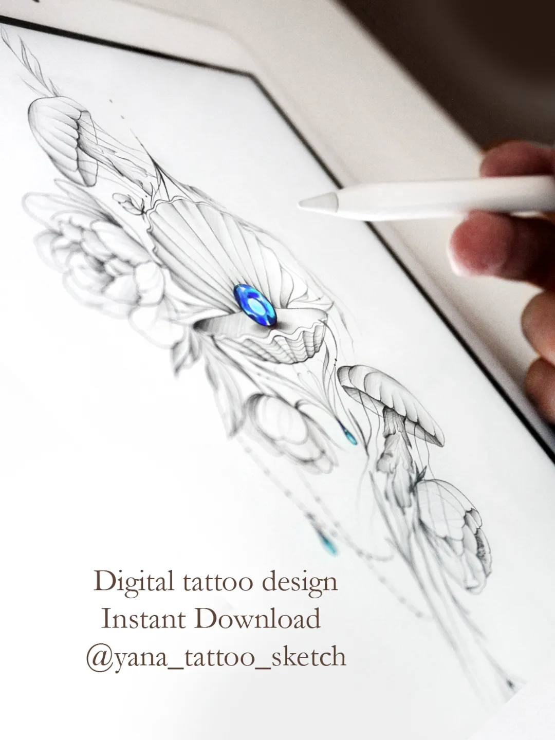 Ocean Tattoo Designs For Ladies Seashell Tattoo Idea Fine Line Jellyfish Tattoo Drawing With Flowers, JPG, PDF, PNG