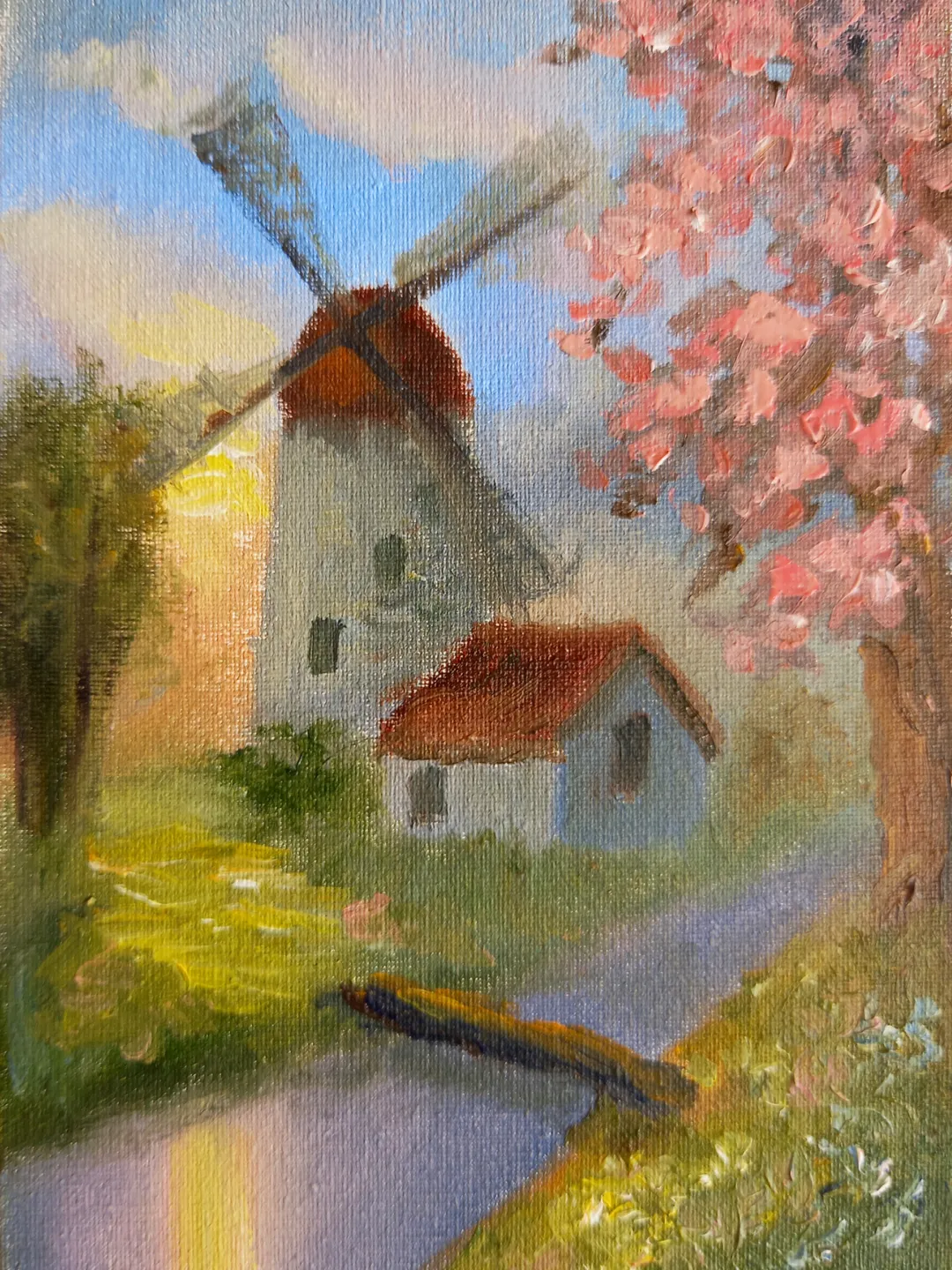 Windmill landscape original oil painting 10x15 cm in a frame