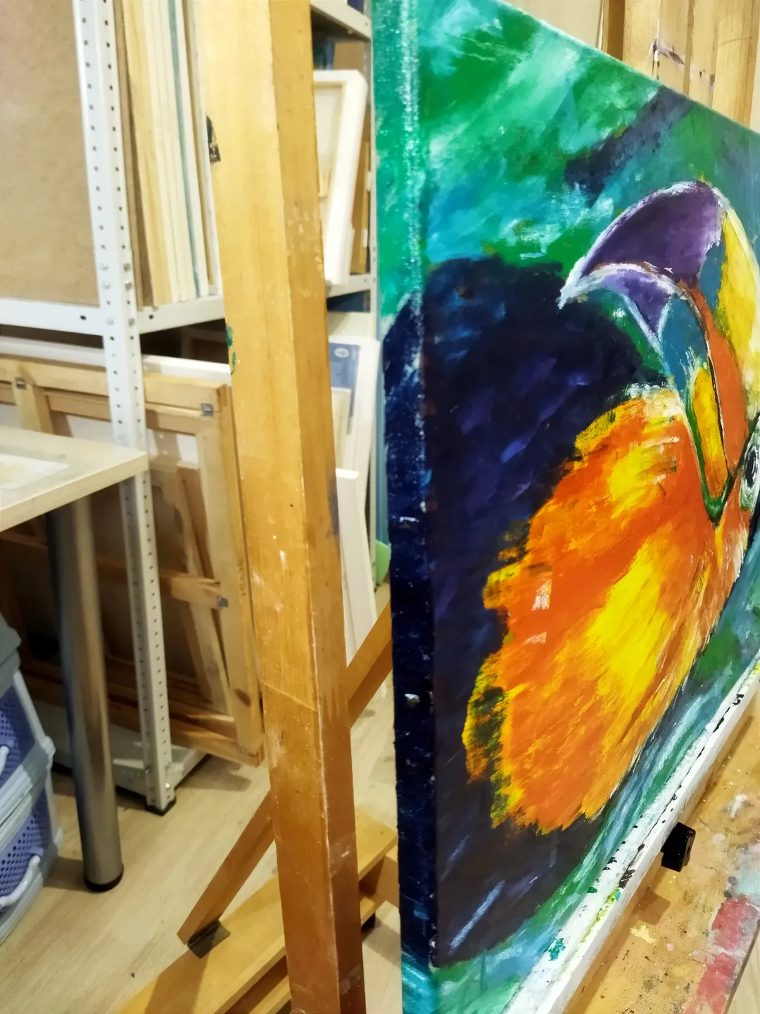 Oil painting on canvas with a bird