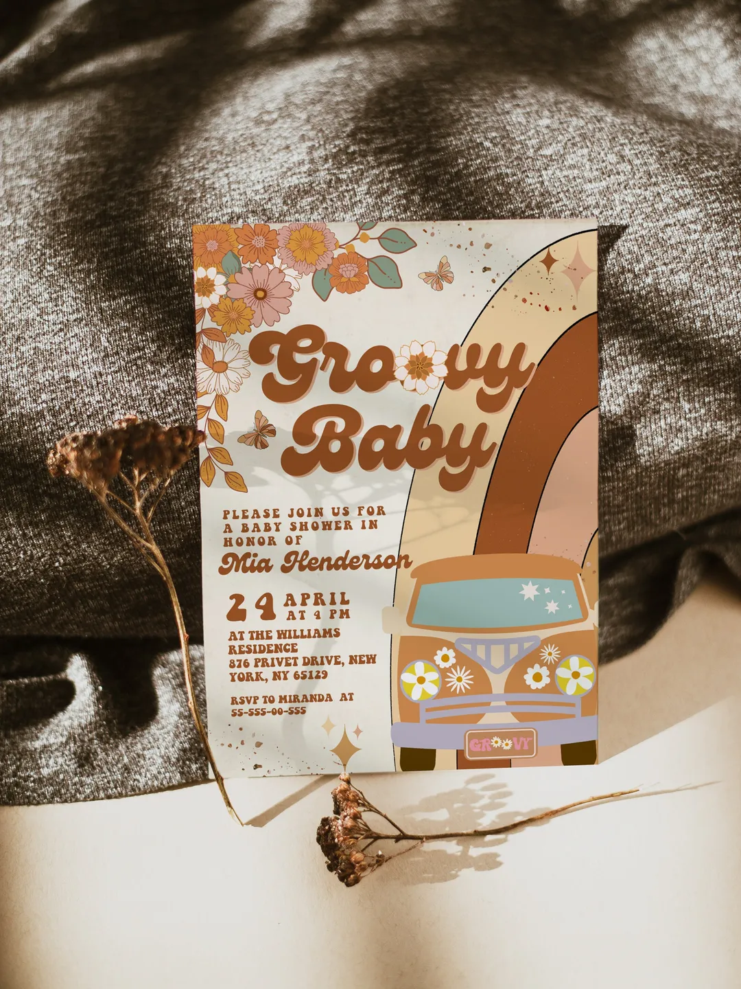 Groovy Baby Shower Invitation; Neutral Boho Groovy Baby Shower Template; Retro 70 80 Baby Shower Invite; Daisy Hippie Bohemian Cutie Retro