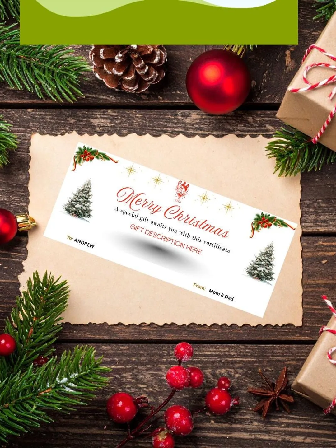 Editable Christmas Gift Certificate Printable Digital Download Customizable Gift Voucher Canva Template Holiday Gift Card Corjl
