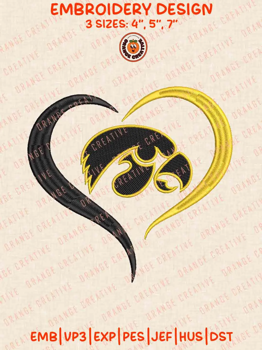 Iowa Hawkeye Heart Embroidery Design Files, Football Logos Embroidery Designs, Sport Machine Embroidery Files, 3 Sizes, Custom Sizes, Instant Download