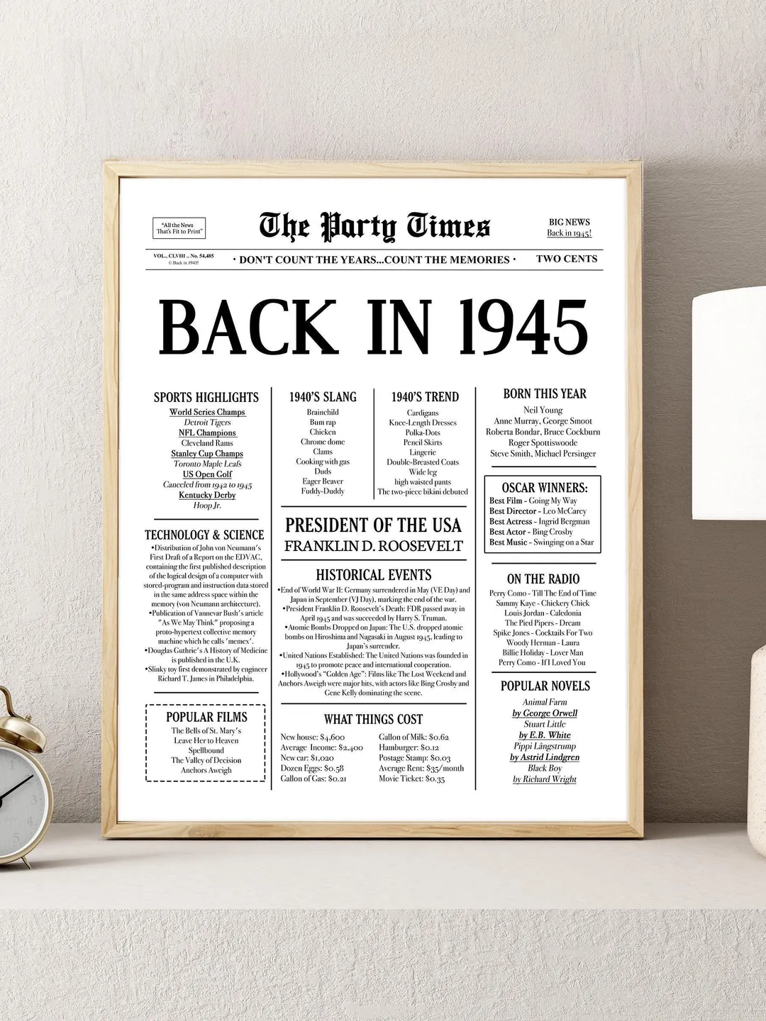 80th Birthday Newspaper Poster — Back in 1945 Sign, What Happened in 1945, 80 Years Ago Fun Facts, Vintage Birthday Decor, Last Minute Gift