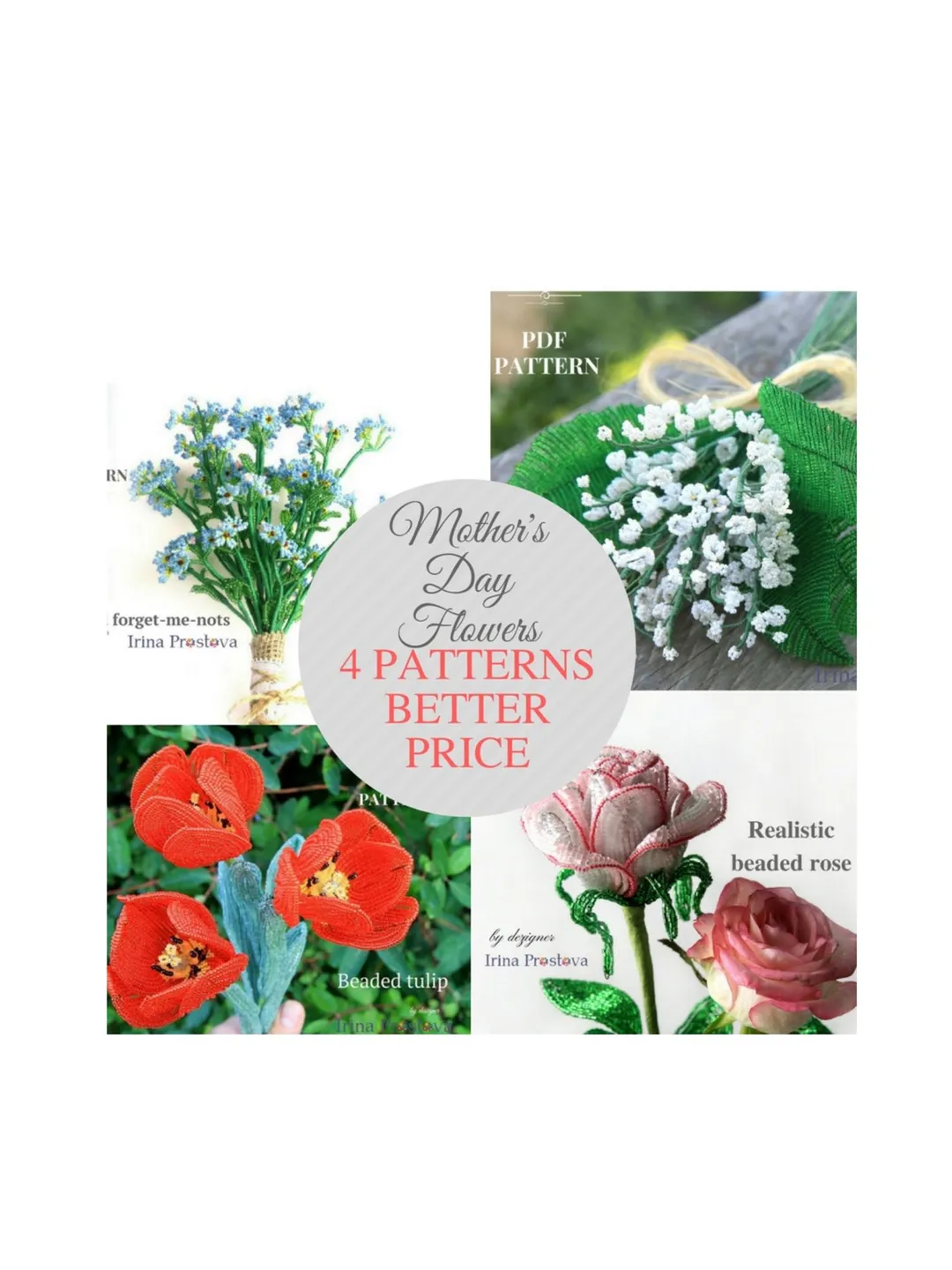 Beaded tulip, forget-me-not, rose, lilies of the valley | Beaded Flowers pattern | Seed bead patterns| 3d beaded flower