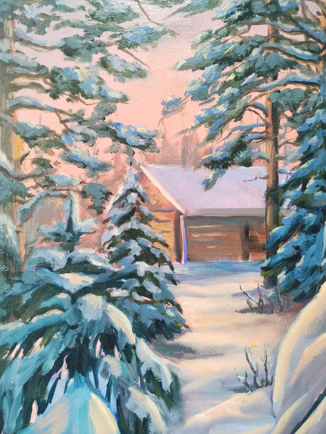 Oil Painting Winter Forest Pine Trees in the Snow Forest Landscape ...