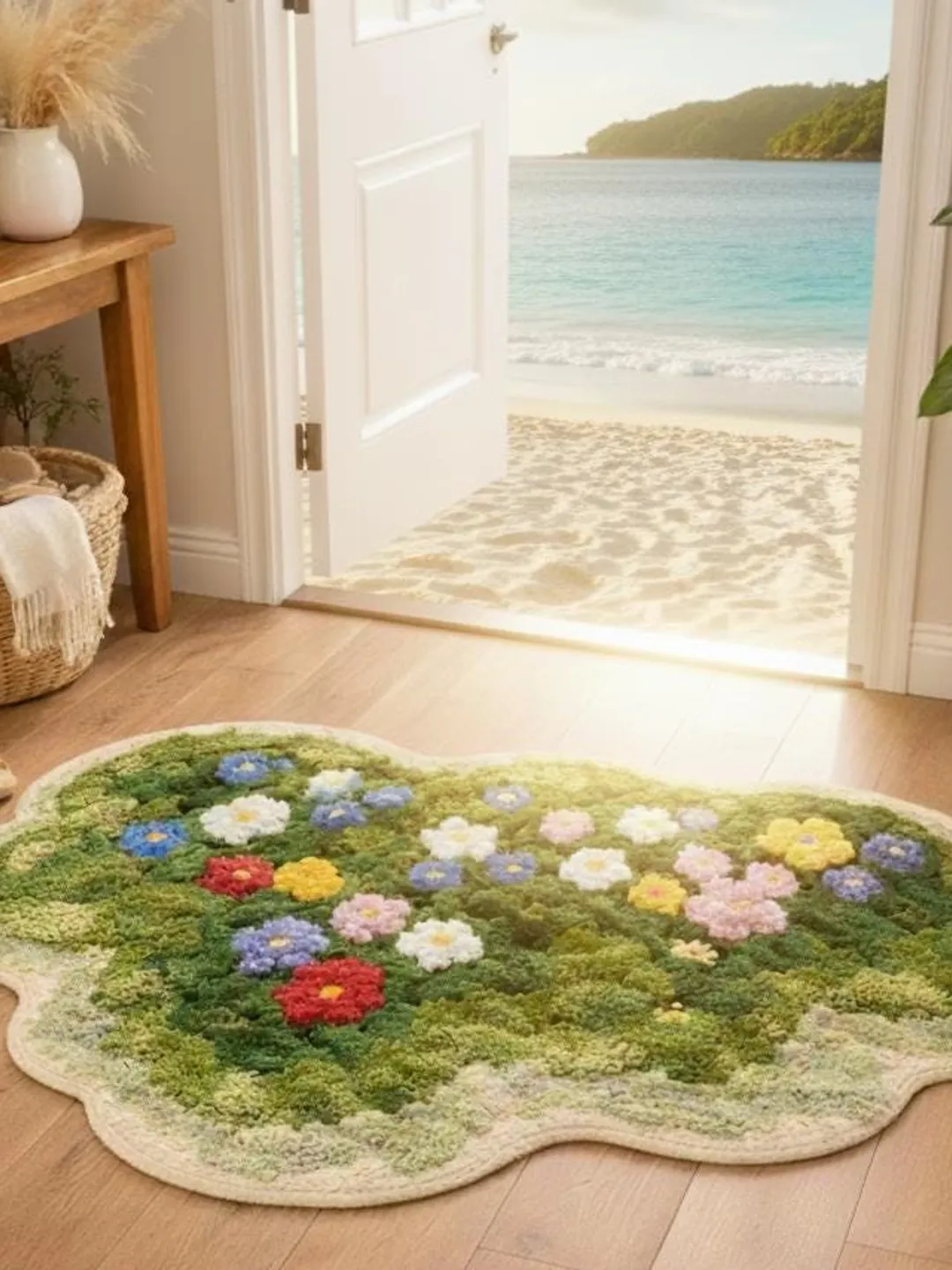 Moss Garden Floral Door Rug with 3D Flowers, Organic Shape
