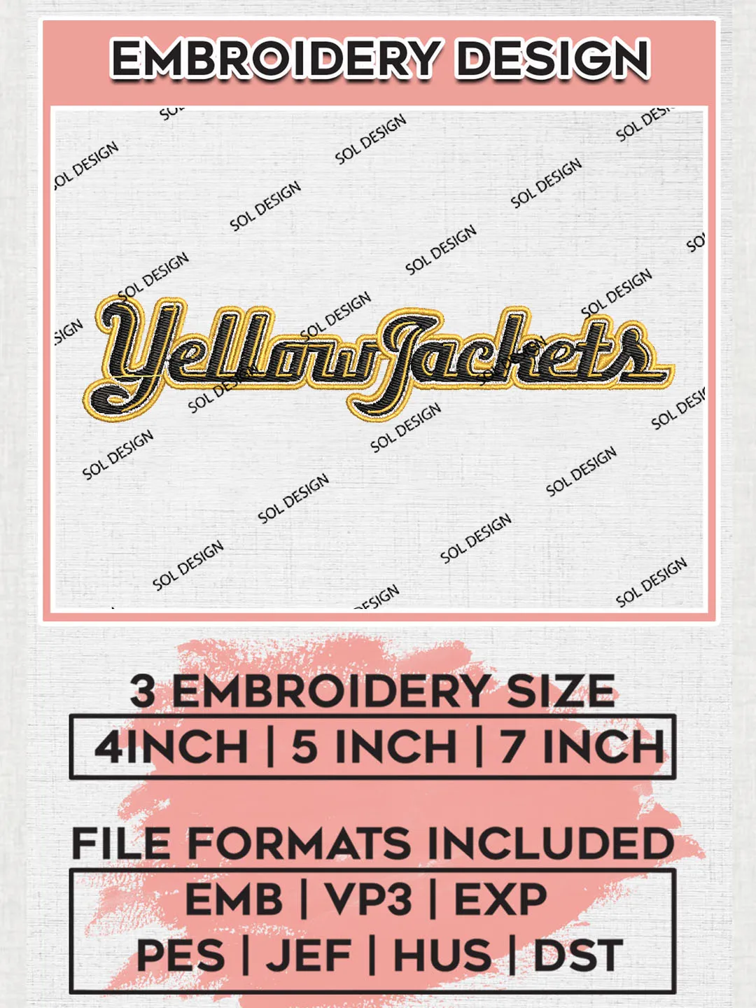 NCAA Yellow Jackets Team Word Logo Embroidery Design Files, NCAA AIC Yellow Jackets Machine Embroidery, NCAA Teams, 3 sizes, NCAA Machine embroidery designs, Digital Download