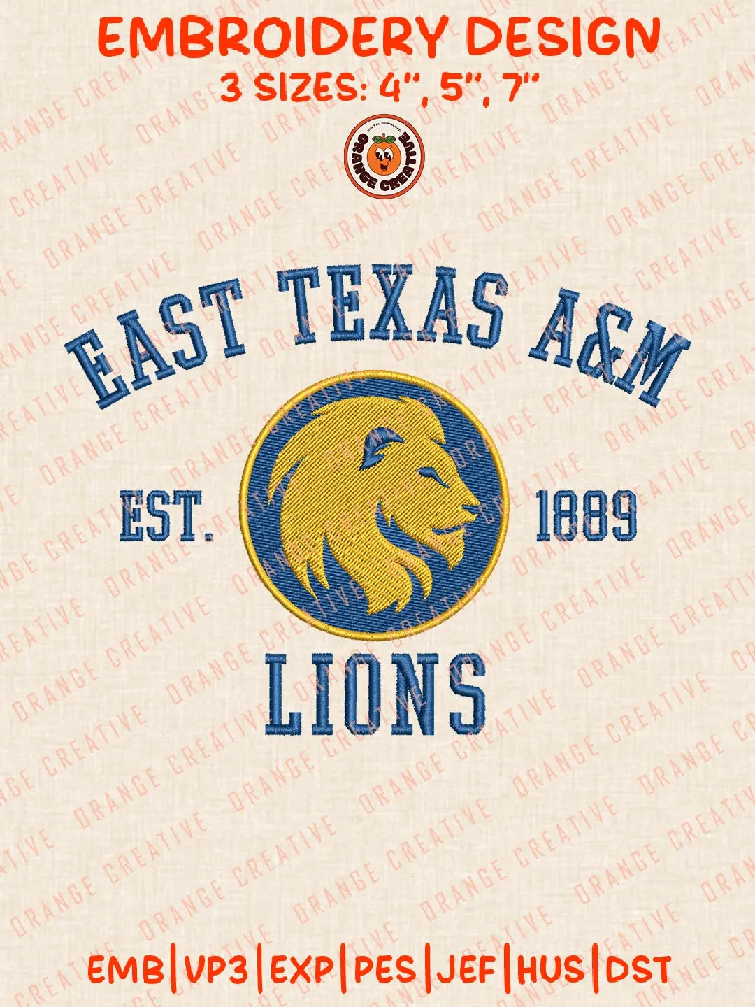 East Texas A&M Lions Est 1889 Embroidery Design, NCAA Team Logo Embroidery Design, Machine Embroidery Design File, 4 Sizes, Digital Download