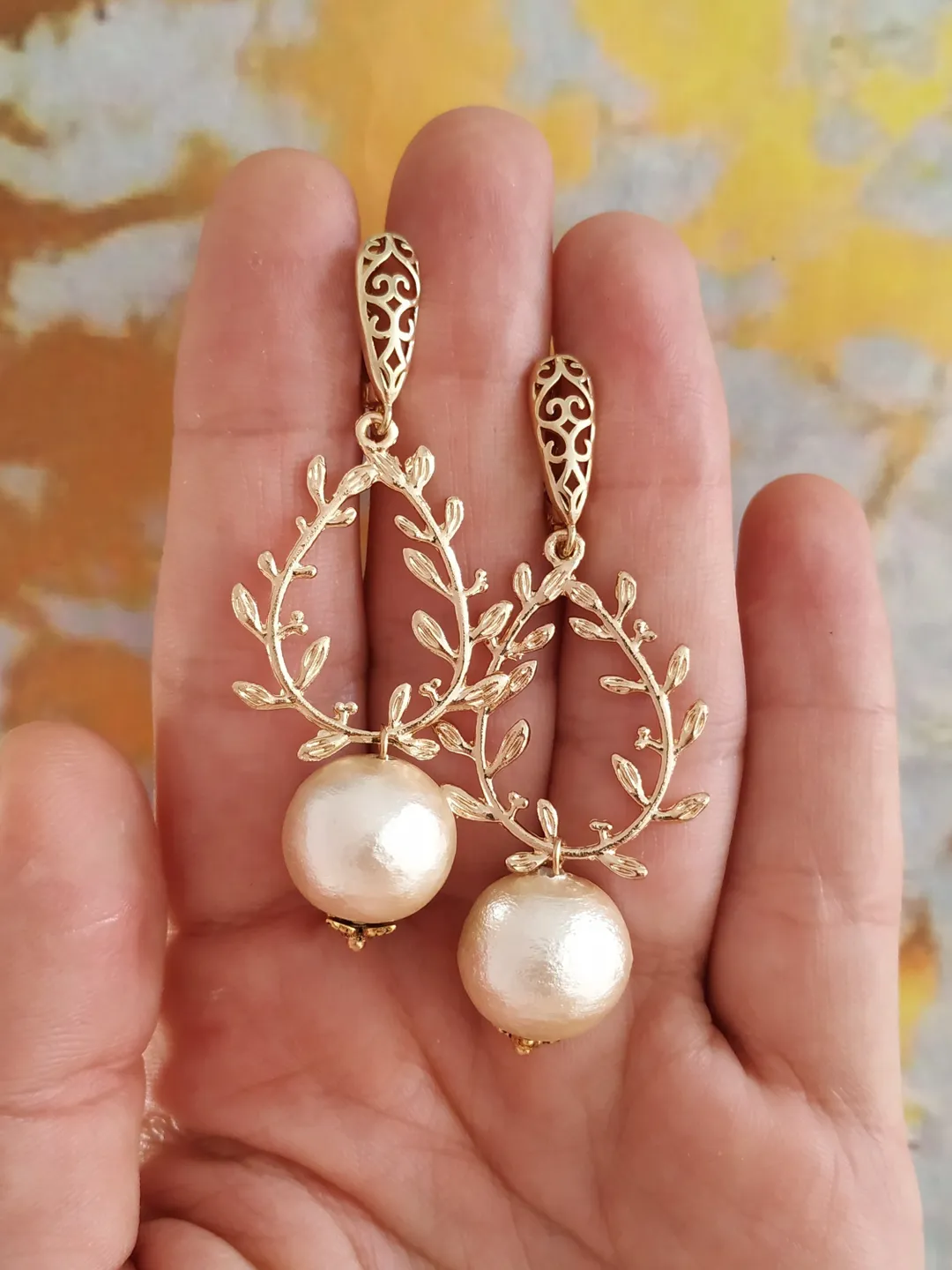 Cotton Pearl Statement Wedding Earrings ,Gold Wedding Jewelry ,Boho Bridal Jewellery ,Boho Wedding Earrings, Dangle Drop Bridal Earrings