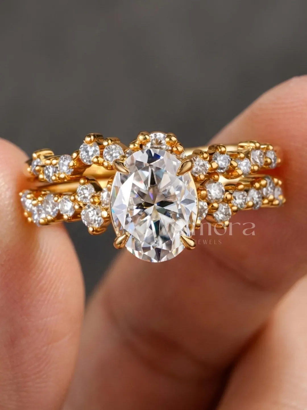 Oval Cut Bridal Set in Solid Gold, Double Pavé Engagement Ring, Matching Wedding Band