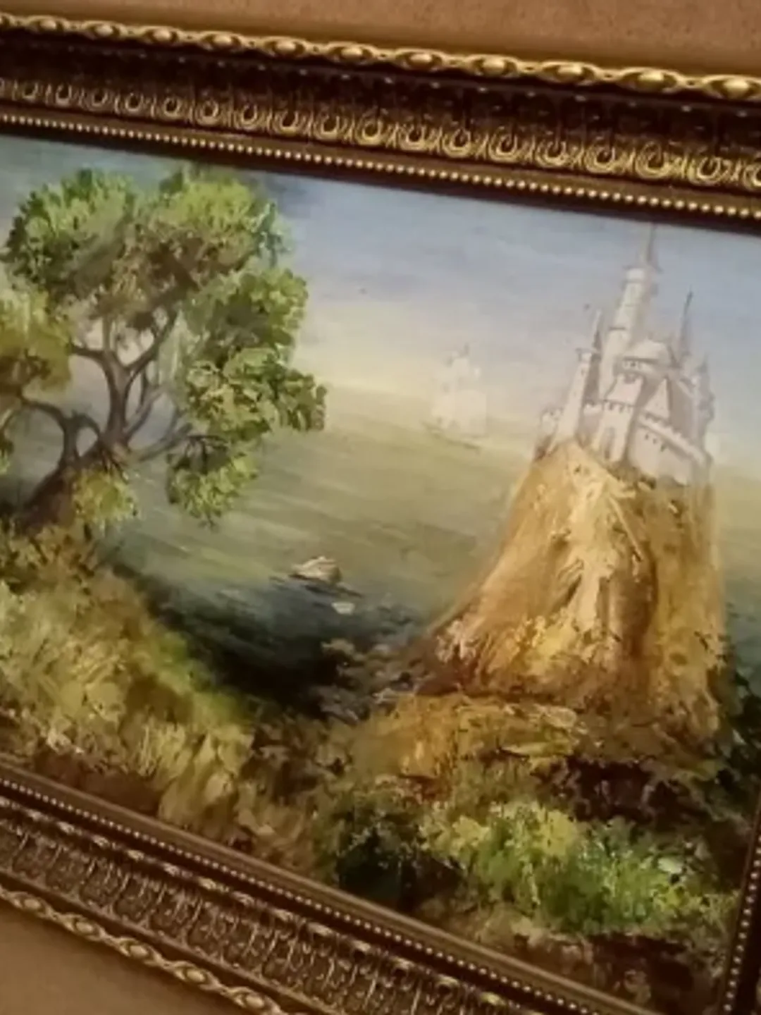 Framed painting, oil, "Castle on the mountain", size 42 x 34 cm