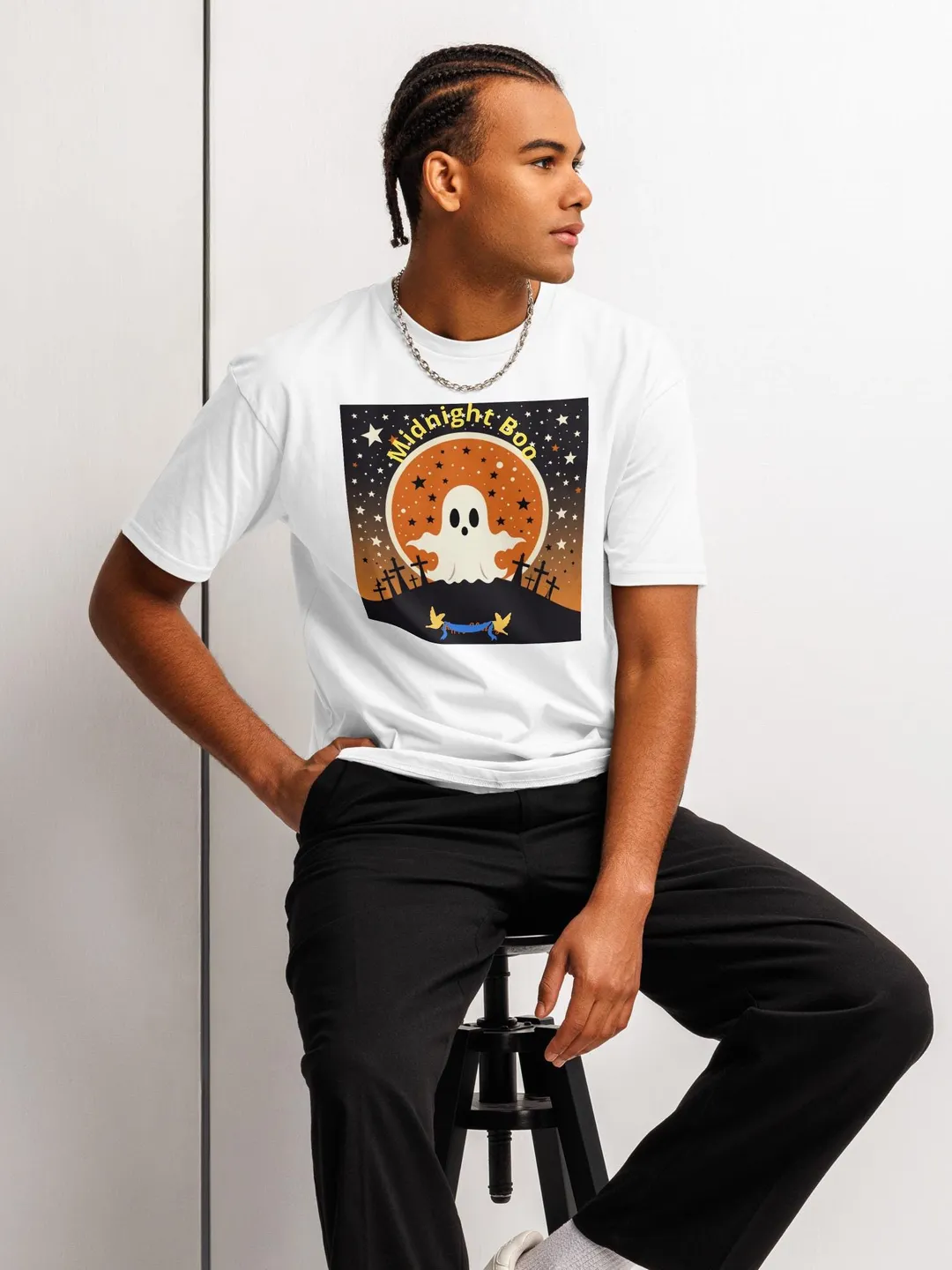 Men's 100% Cotton Short Sleeve Tee: Midnight Boo Ghost Halloween Print