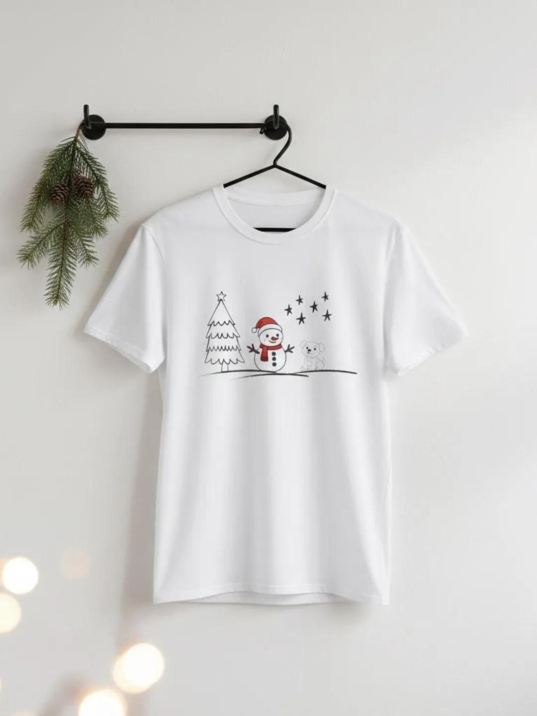 Snowman and Dog Holiday T-Shirt | Minimal Christmas Tree Sketch