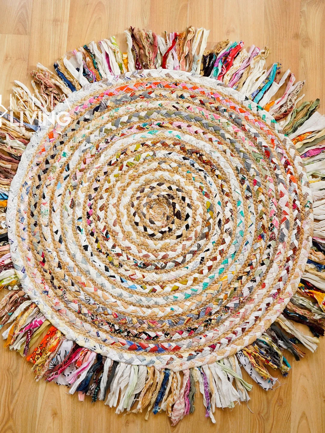 Rug Multicolour Rag Rug White Chindi Multicolour Rag Braided Boho Rug, Bohemian Jute mat with ...