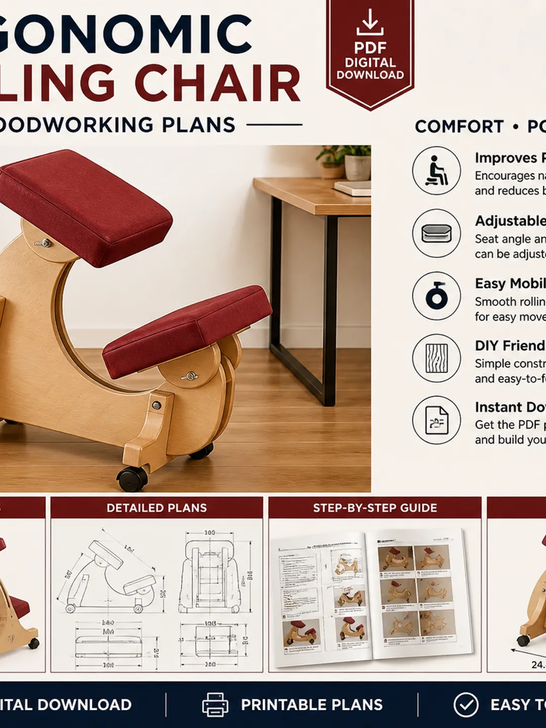 Ergonomic Kneeling Chair Plans PDF, DIY Knee Chair Woodworking Plans ...