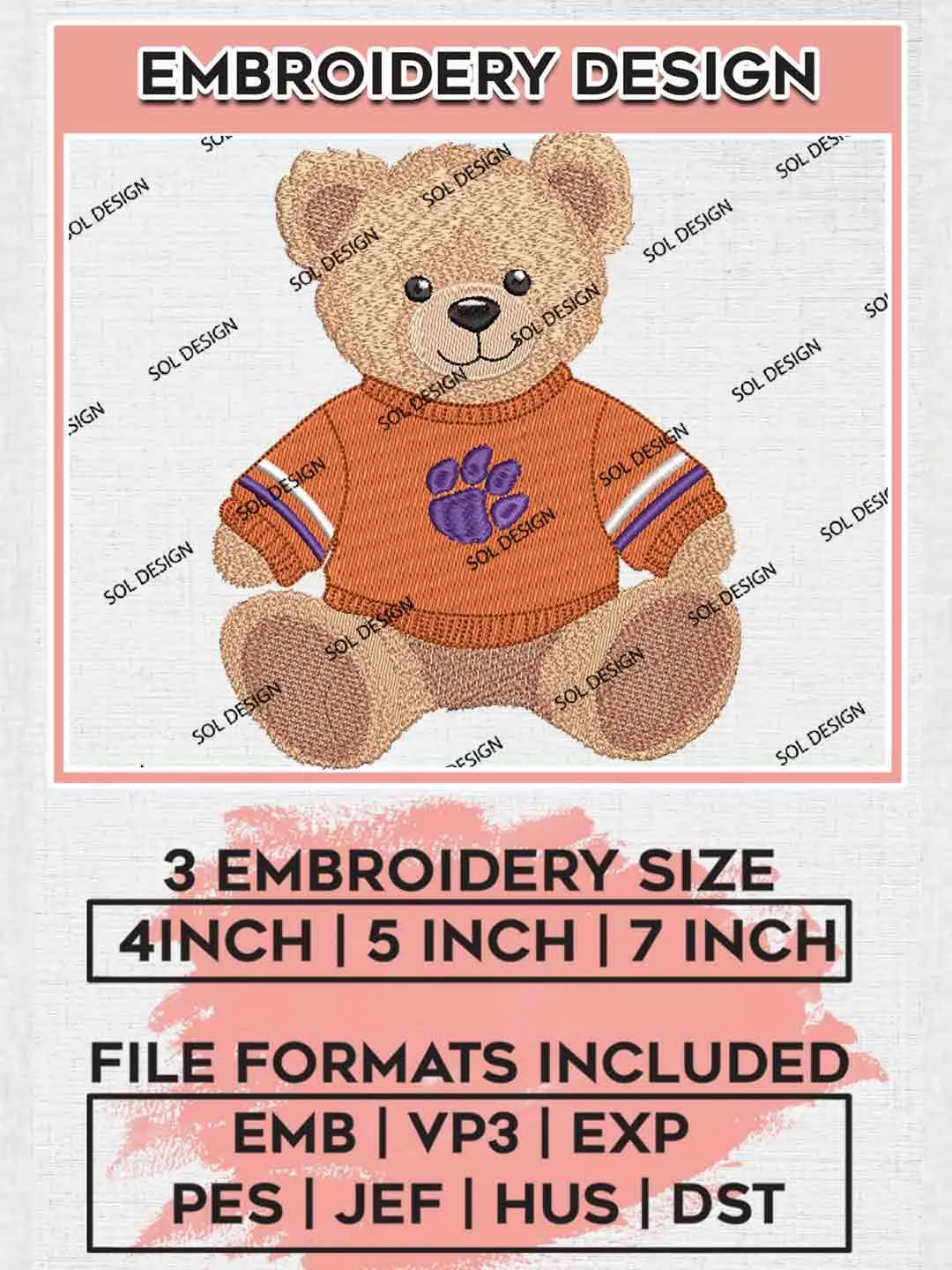 NCAA Clemson Tigers Teddy Bear Logo Embroidery Designs, NCAA Logo Embroidery files, NCAA Clemson Tigers Team, College Football Team Machine embroidery designs, Digital Download