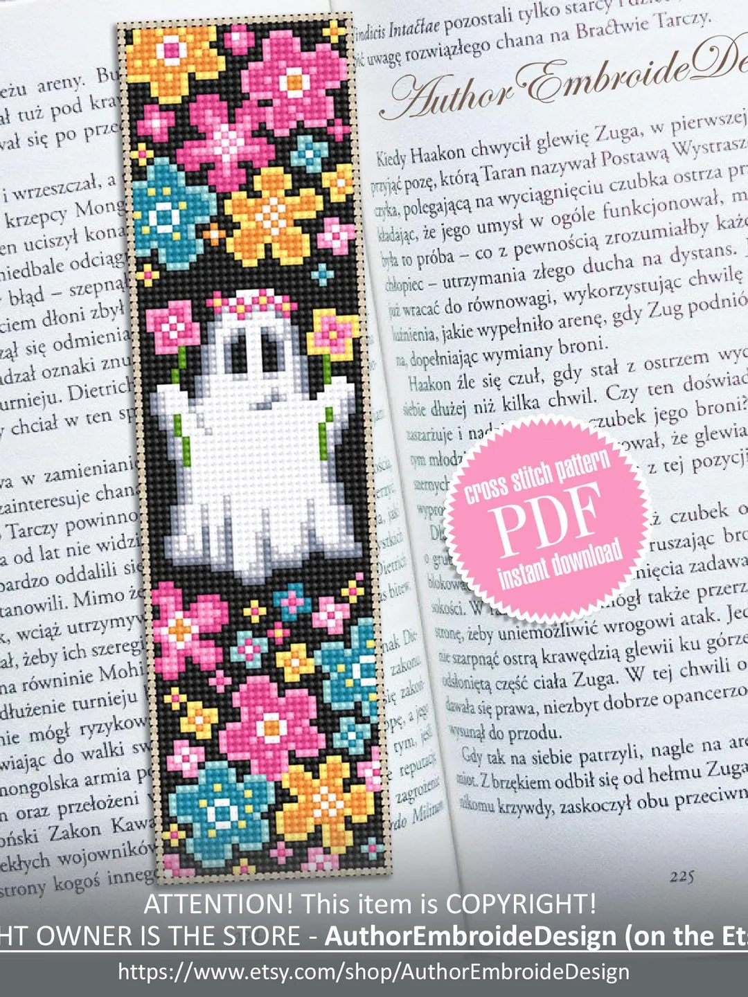Floral ghost bookmark cross stitch pattern PDF download Cute ghost cross stitch chart, Simple Halloween bookmark pattern digital PDF #B366