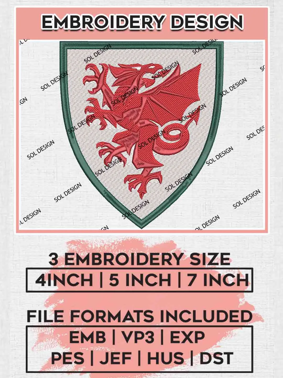 The Dragons Football Team Logo Embroidery Designs, Y Dreigiau Logo Embroidery files, Wales National Football Team, Machine embroidery designs, Digital Download
