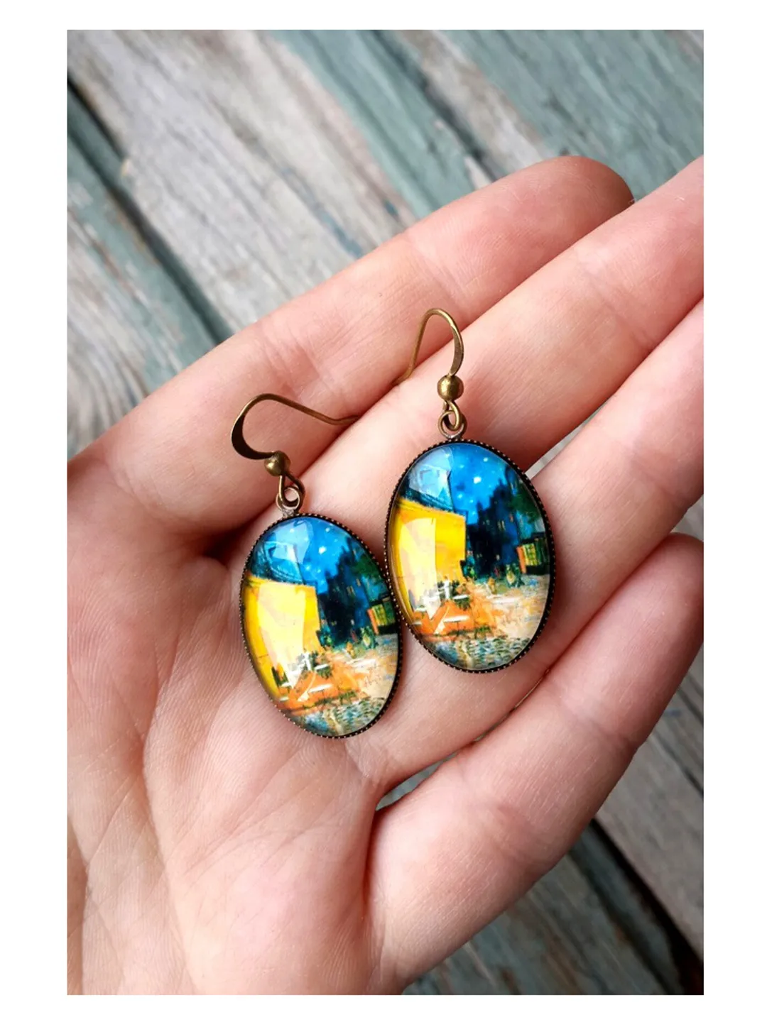 Vincent Van Gogh earrings, Cafe Terrace at Night dangle earrings, impressionist art jewelry
