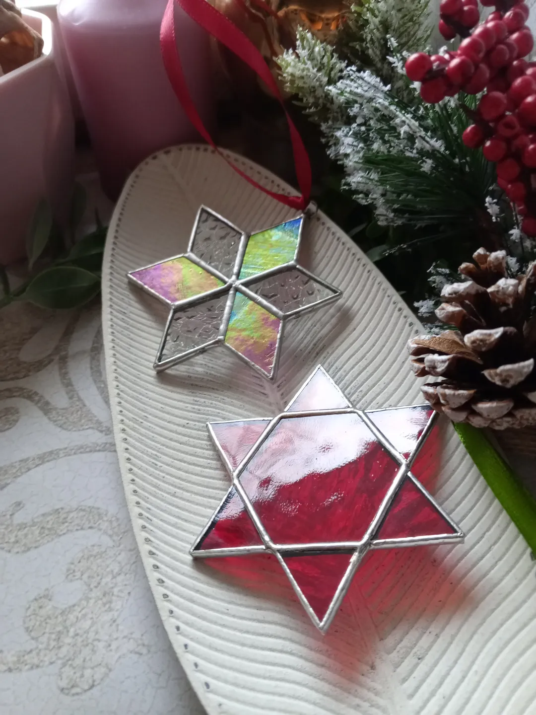 Set of 2 snowflake suncatchers, christmas ornaments, simple stained glass, Christmas decorations, Xmas tree star