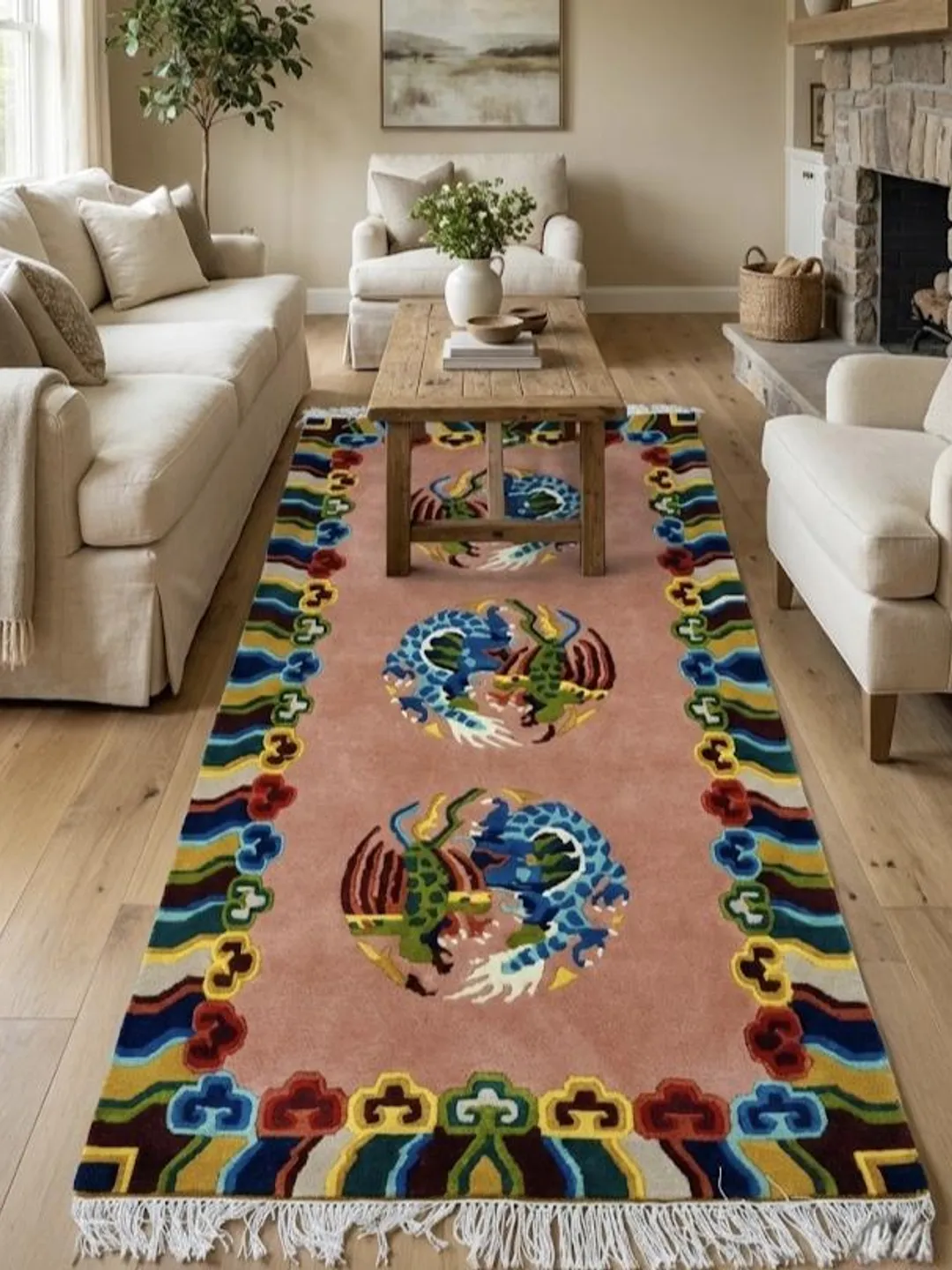 Hand Knotted Tibetan Dragon Rug Pink Wool Carpet Buddhist Art Decor for ...